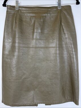 ✨80s 90s Vintage Firenze Santa Barbara Olive Green Genuine Leather Skirt Size 8
